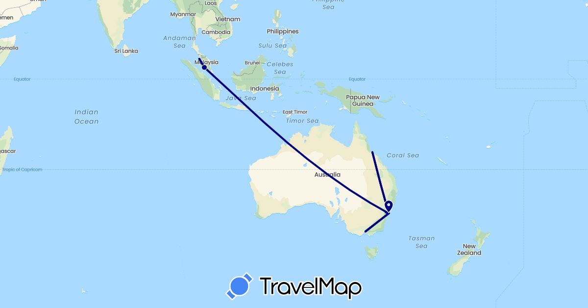 TravelMap itinerary: driving in Australia, Malaysia (Asia, Oceania)